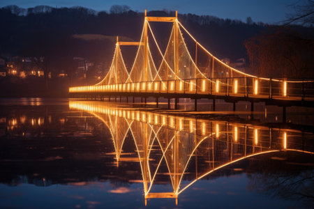illuminated suspension bridge reflecting on water, created with generative aiの素材