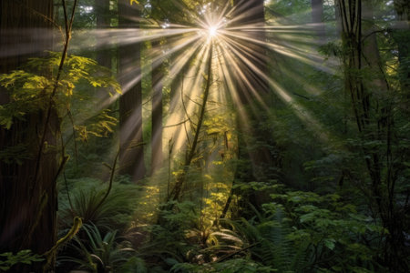 sunrays illuminating a redwood tree canopy, created with generative aiの素材