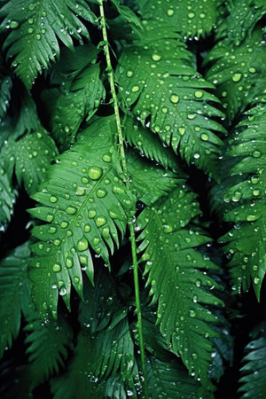 raindrops on vibrant green ferns, created with generative aiの素材