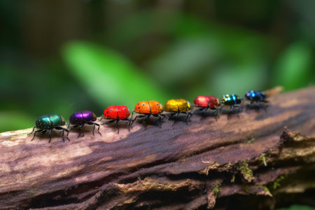 rainbow of different colorful beetles on a log, created with generative aiの素材