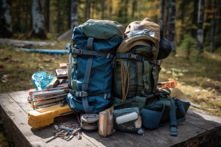 camping backpack, filled with essential gear and supplies, created with generative aiの素材