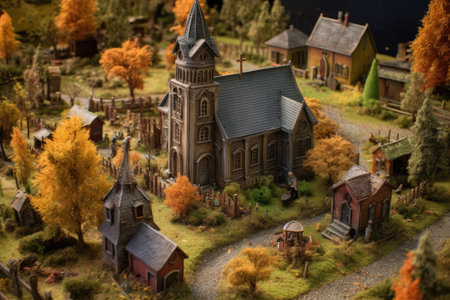 small scale replica of a village church with graveyard, created with generative aiの素材
