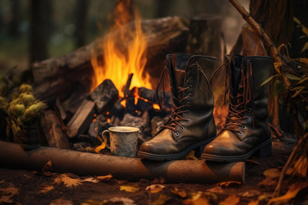 leather boots beside a campfire in the forest, created with generative aiの素材