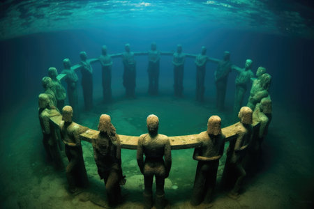 sunken statues forming a mysterious underwater circle, created with generative aiの素材