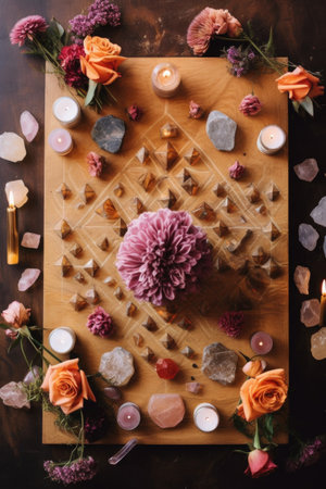 crystal grid arrangement with candles and flowers, created with generative aiの素材