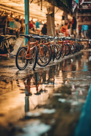 row of bicycles in a team racing event, created with generative aiの素材