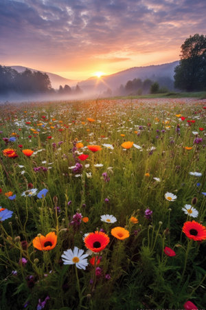 vibrant wildflower meadow and sunrise, created with generative aiの素材