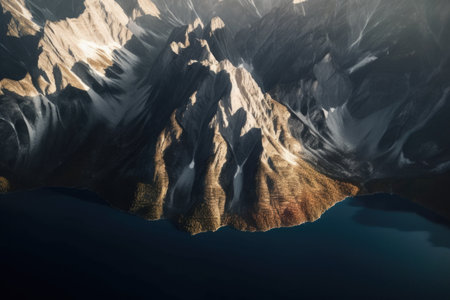 aerial view of mountain peak shadows on lake, created with generative aiの素材