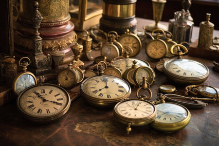 old-fashioned pocket watches arranged on a table, created with generative aiの素材