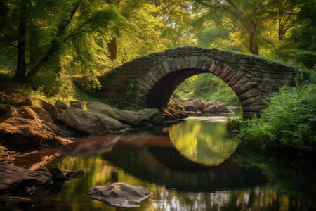 arching stone bridge over a gently flowing stream, created with generative aiの素材