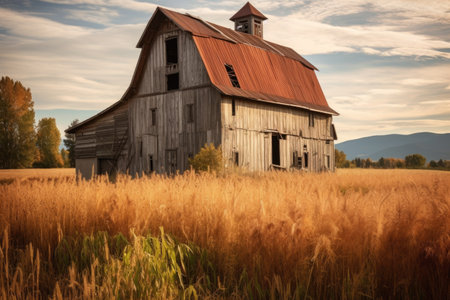 rustic barn with a stone silo in the background, created with generative aiの素材