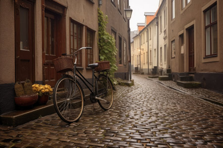 retro bike near a picturesque cobblestone street, created with generative aiの素材