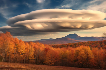 lenticular clouds over a mountain range in autumn foliage, created with generative aiの素材