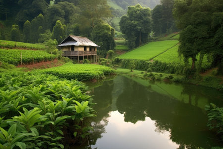 tranquil tea plantation with a small pond, created with generative aiの素材