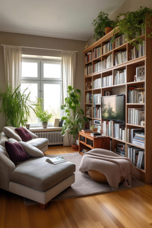 living room with a large bookshelf and a comfortable reading nook, created with generative aiの素材