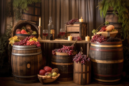 wine barrels with rustic wine bottles and wooden crates, created with generative aiの素材