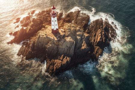 aerial view of a historic lighthouse on a rocky coastline, created with generative aiの素材
