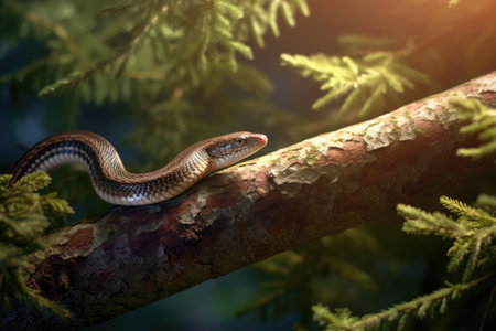 slow worm basking on a tree branch in dappled sunlight, created with generative aiの素材