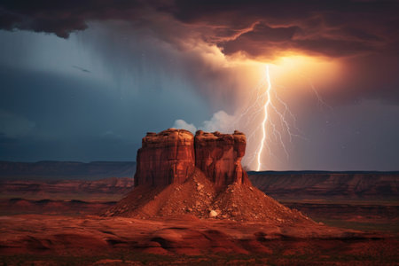 lightning striking near a magnetic rock formation, created with generative aiの素材