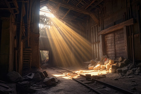 sunlight piercing through dilapidated mine shaft, created with generative aiの素材