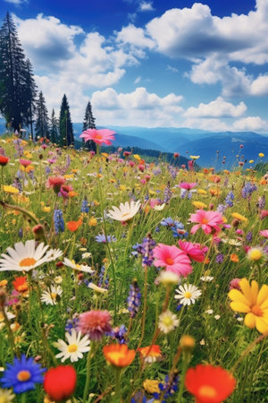 colorful alpine meadow with wildflowers in bloom, created with generative aiの素材