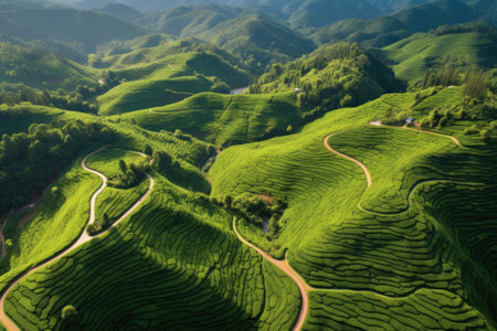 curved paths winding through tea plantations, created with generative aiの素材
