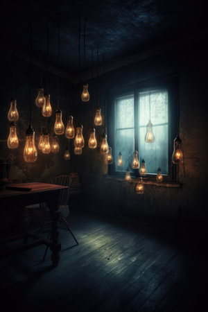 led light bulbs illuminating a dark room, created with generative aiの素材