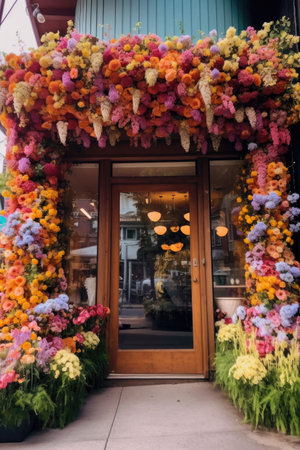 colorful boutique store front with flowers, created with generative aiの素材