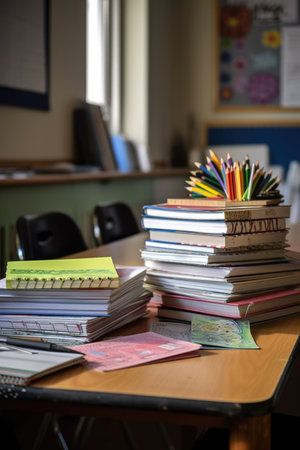 stack of textbooks and lesson planner on desk, created with generative aiの素材