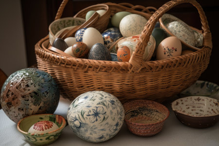 basket filled with pottery and ceramics of different shapes and sizes, created with generative aiの素材