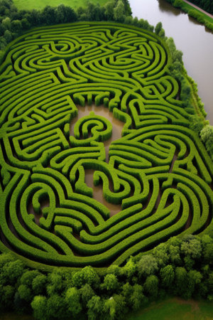 question mark-shaped maze in nature, created with generative aiの素材
