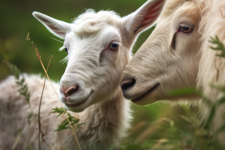 close-up of a baby mountain goat with its mother in a meadow, created with generative aiの素材