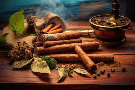 close-up of freshly rolled cigars on a wooden table, created with generative aiの素材