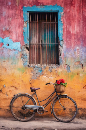 a bicycle leaning against a colorful wall, created with generative aiの素材