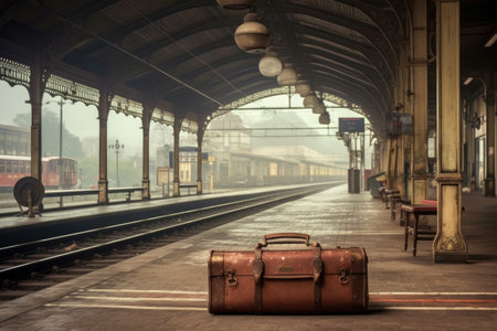 empty platform with vintage luggage, created with generative aiの素材
