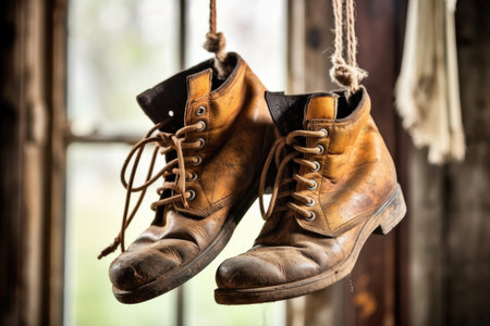 a pair of aged leather boots hanging by laces, created with generative aiの素材