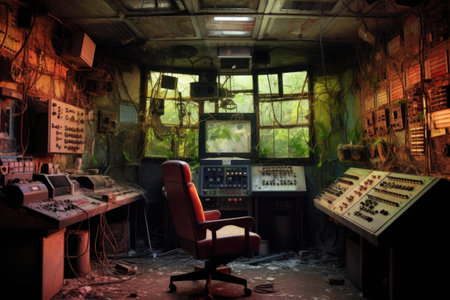 forgotten control room with broken equipment, created with generative aiの素材