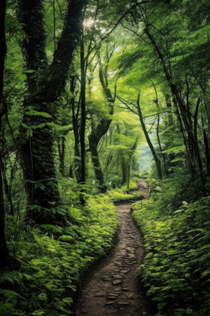 a winding path through a lush, green forest, created with generative aiの素材