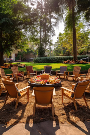 outdoor meeting setup with chairs in a circle and snacks, created with generative aiの素材