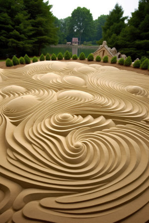 soothing sand garden with raked patterns, created with generative aiの素材