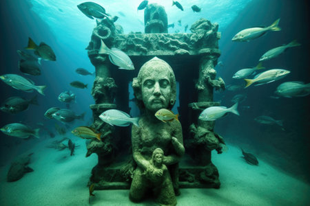 underwater statue with curious fish swimming around, created with generative aiの素材
