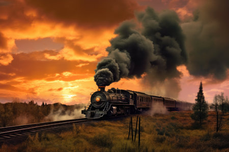steam engine train billowing smoke against sky, created with generative aiの素材