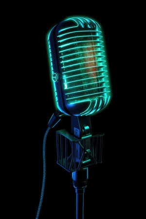 microphone with on air sign glowing in the dark, created with generative aiの素材
