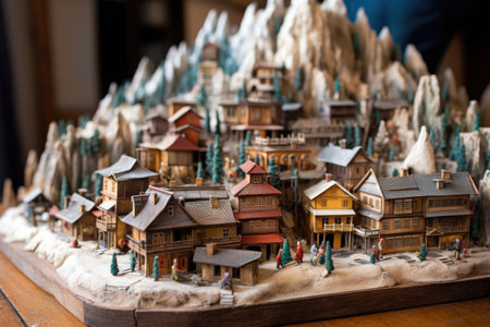 tiny replica of a mountain village with snow-capped peaks, created with generative aiの素材