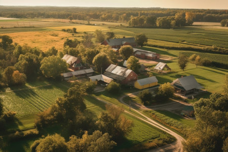 aerial view of countryside with multiple barns, created with generative aiの素材
