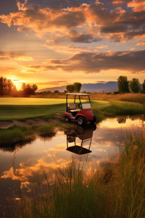golf course with a golf cart and clubs at sunrise, created with generative aiの素材