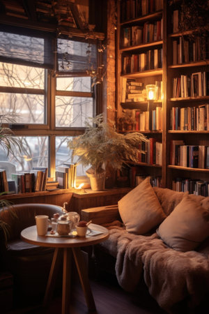 cozy coffee shop corner with books and soft lighting for casual meetups, created with generative aiの素材