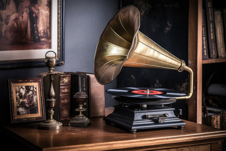 antique gramophone with brass horn and vinyl record, created with generative aiの素材