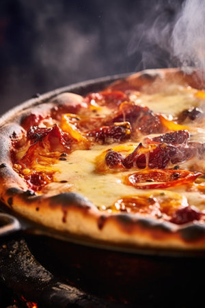 close-up of a steaming hot pizza with melting cheese, created with generative aiの素材