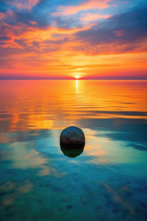 tranquil sunset over a calm ocean horizon, created with generative aiの素材
